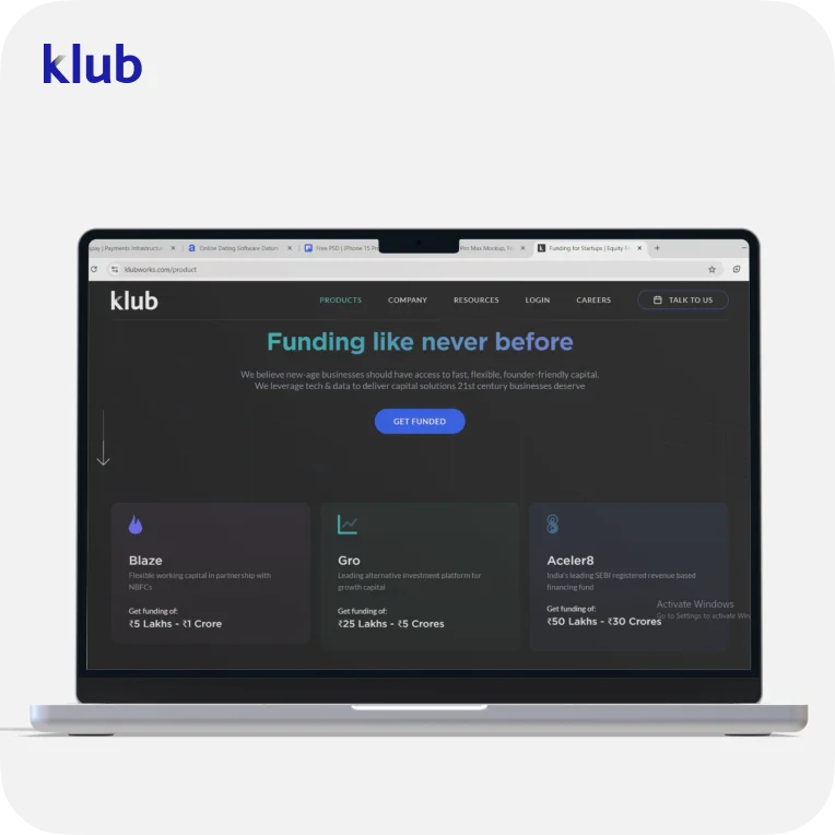 Klub funding platform on laptop