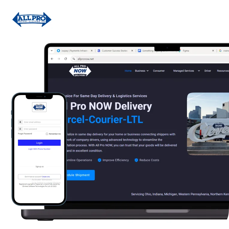 All Pro Now delivery parcel and courier app on laptop and mobile All Pro Now delivery parcel and courier app on laptop and mobile